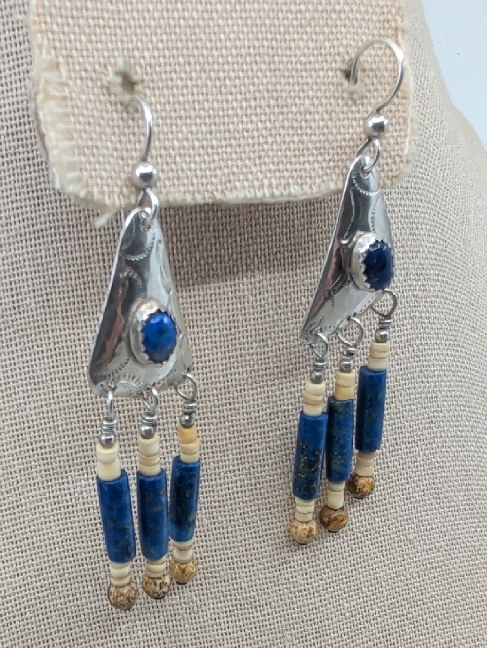 Vintage Sterling 925 Lapis Southwestern Fringe Long Drop Earrings Boho 1990s - Picture 13 of 17